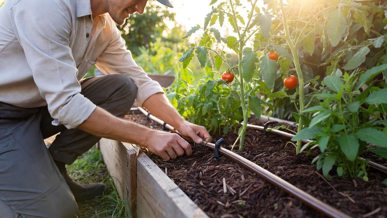 Gardener inspecting and maintaining drip irrigation lines in a mulched raised vegetable garden bed