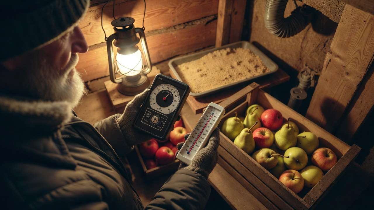 "Person monitoring temperature and humidity in root cellar with stored apples and pears during winte