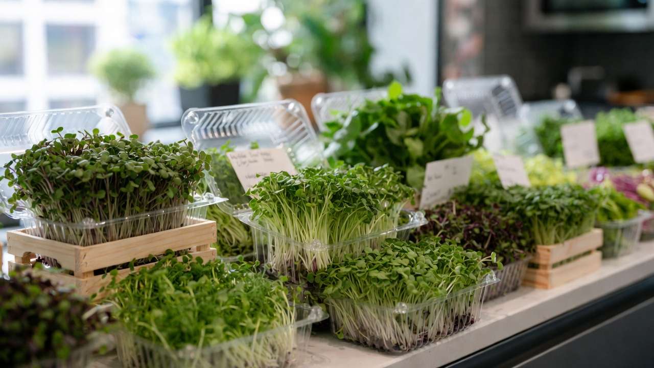 Freshly harvested microgreens packaged for sale in clamshells and crates for urban farmers market