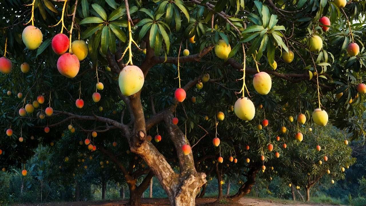 Fruit-laden mango tree showcasing drought-tolerant growth in southwest Bangladesh