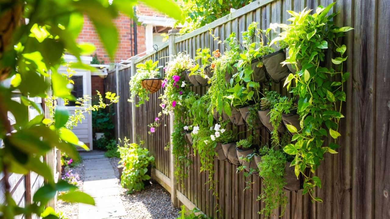 Vertical garden on fence with trailing plants and hanging baskets in tiny backyard
