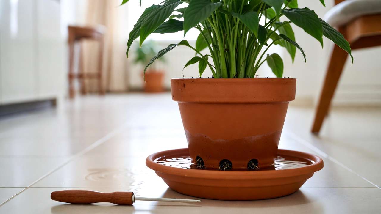 Bottom watering houseplant in saucer to maintain healthy roots and prevent rot