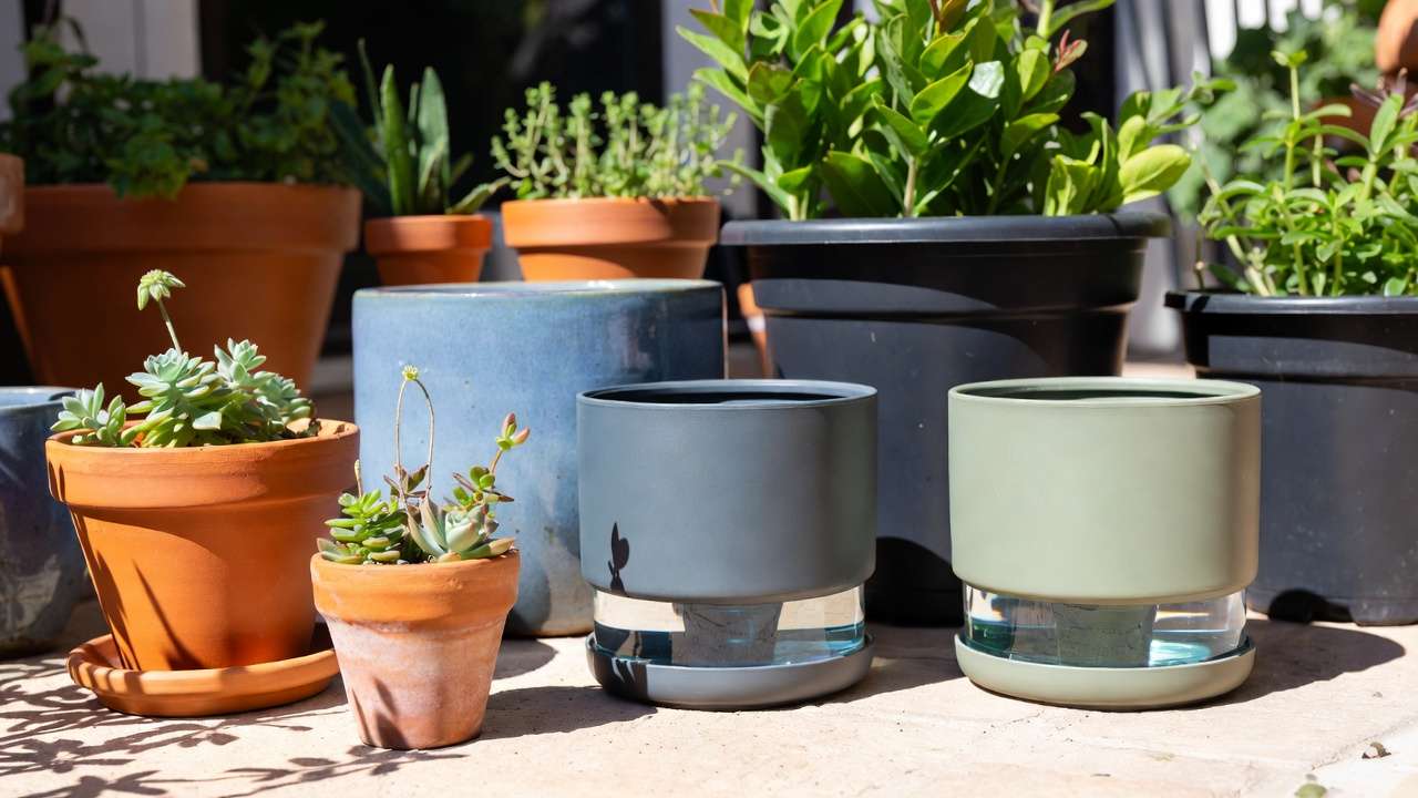 Variety of terracotta, ceramic, and plastic containers for thriller filler spiller planting on a patio