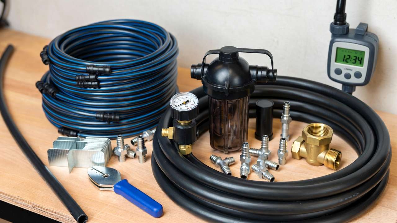 Array of essential materials and fittings for DIY drip irrigation system in raised garden beds