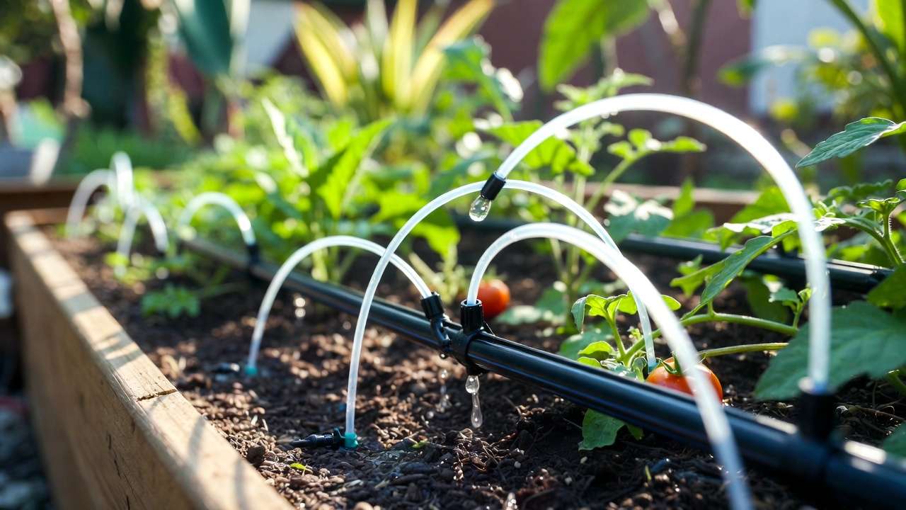 close up of drip irrigation mainline tubing and drippers installed in raised vegetable garden bed