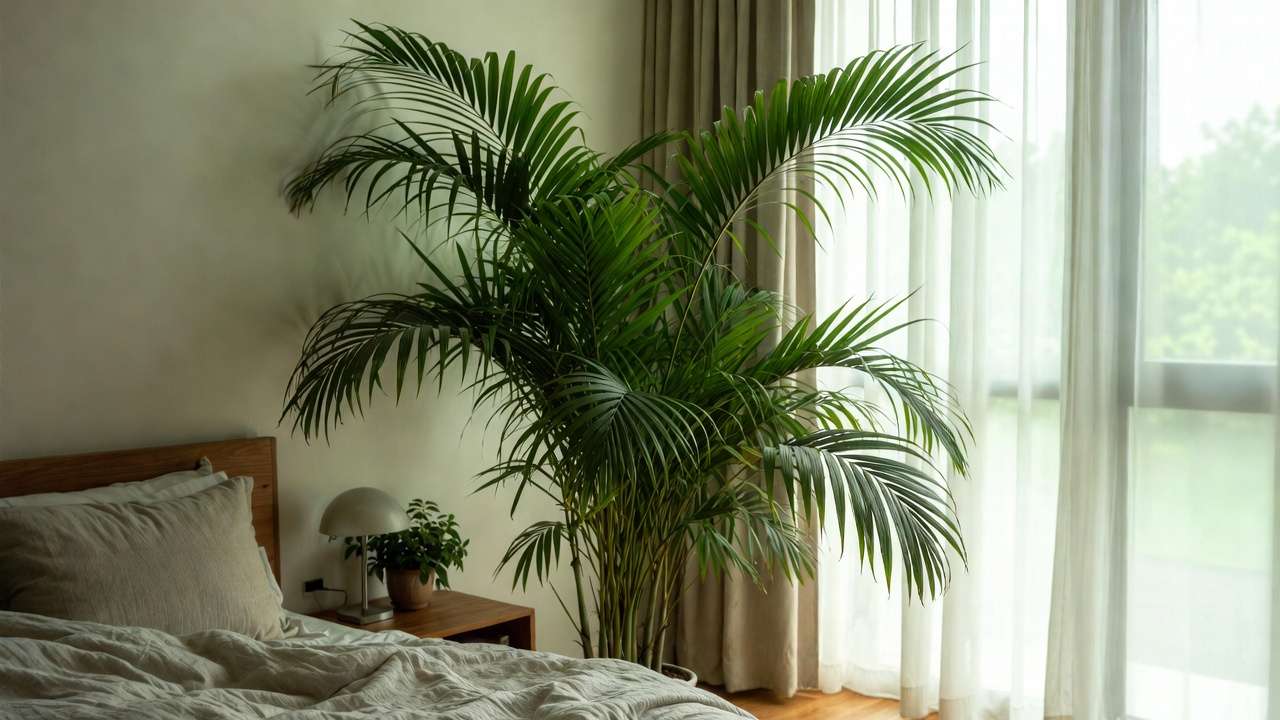 Bamboo palm strategically placed in bedroom for maximum indoor air purification and natural humidity