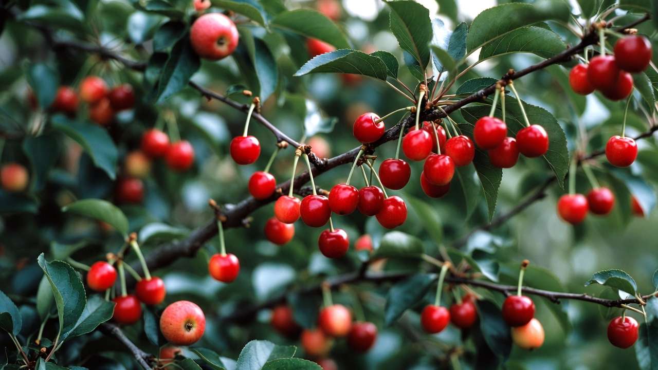 Bountiful cherry harvest on tree after successful mason bee pollination