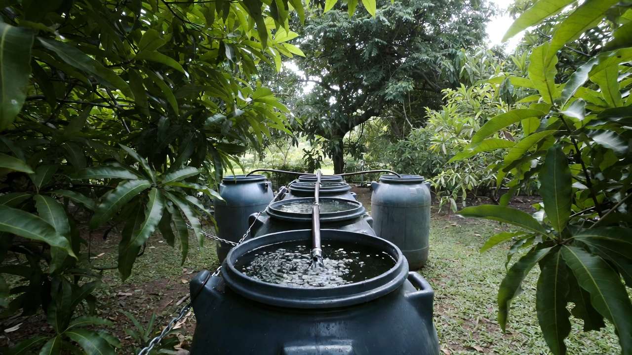 Linked rain barrels system watering fruit trees in sustainable garden
