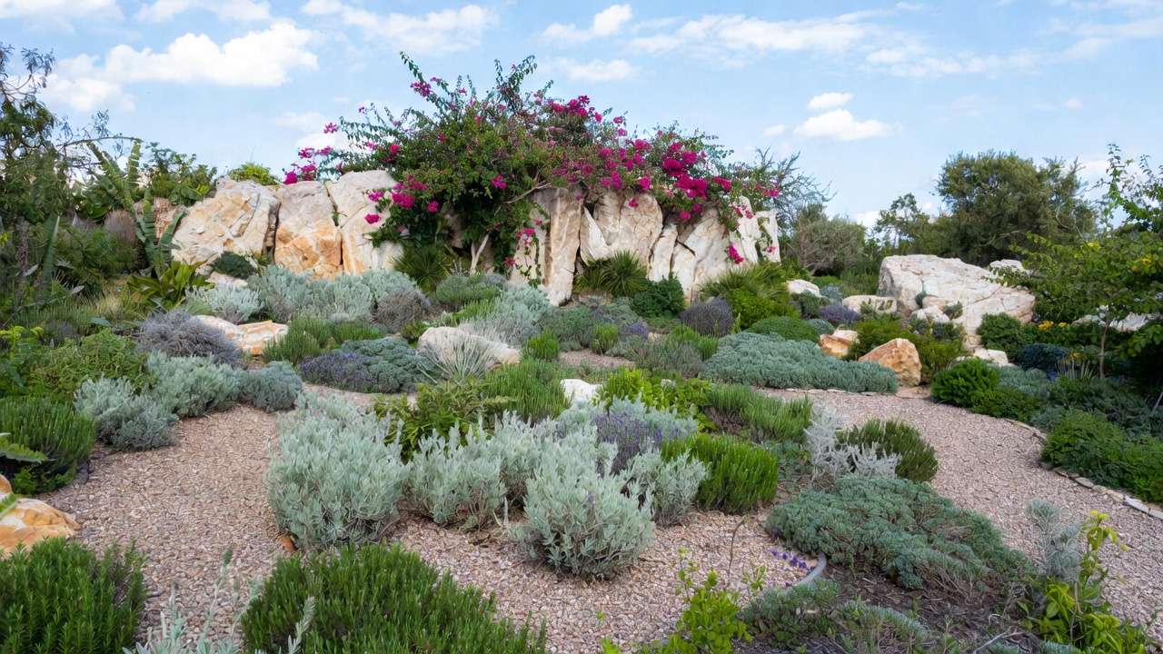 Mediterranean-inspired drought-resistant gravel garden with bougainvillea and succulents in a low-maintenance subtropical yard