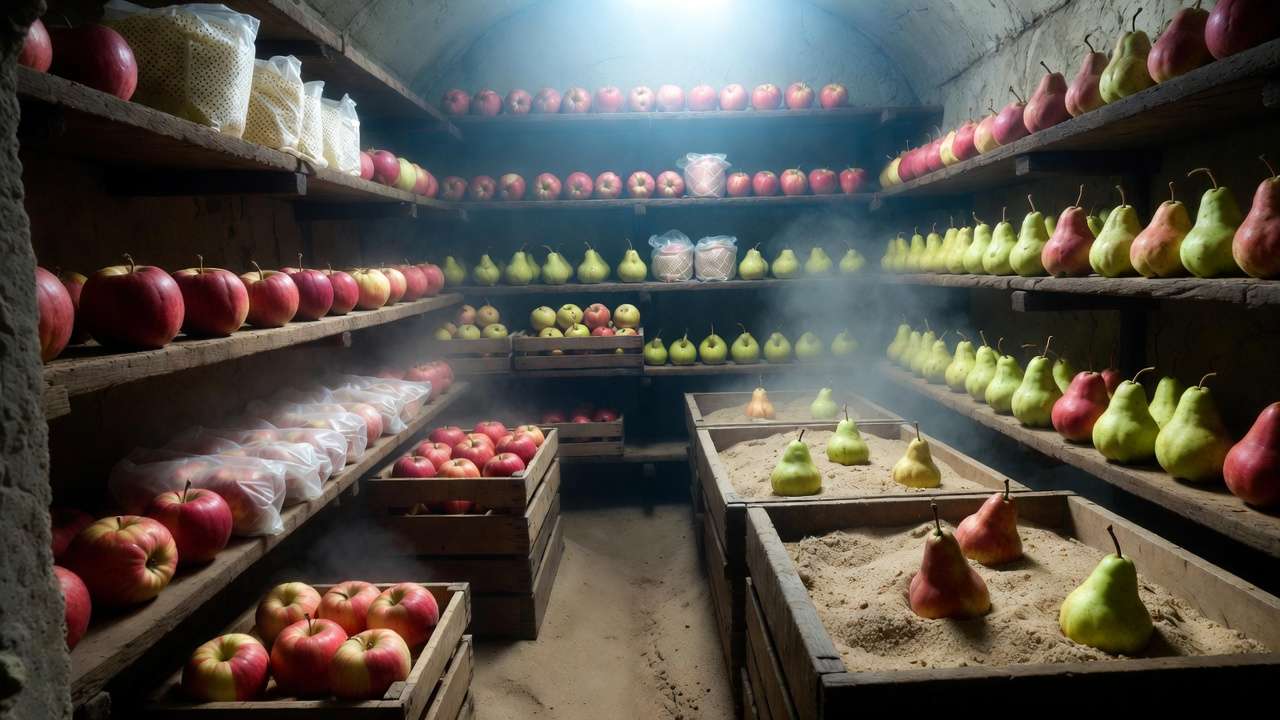 Apples and pears wrapped and stored in a traditional root cellar for months-long freshness