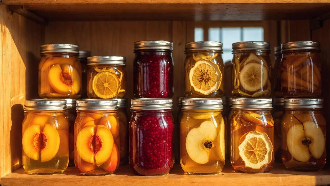 Glass jars of home-canned peaches and raspberry jam alongside dried apple slices for year-round fruit preservation