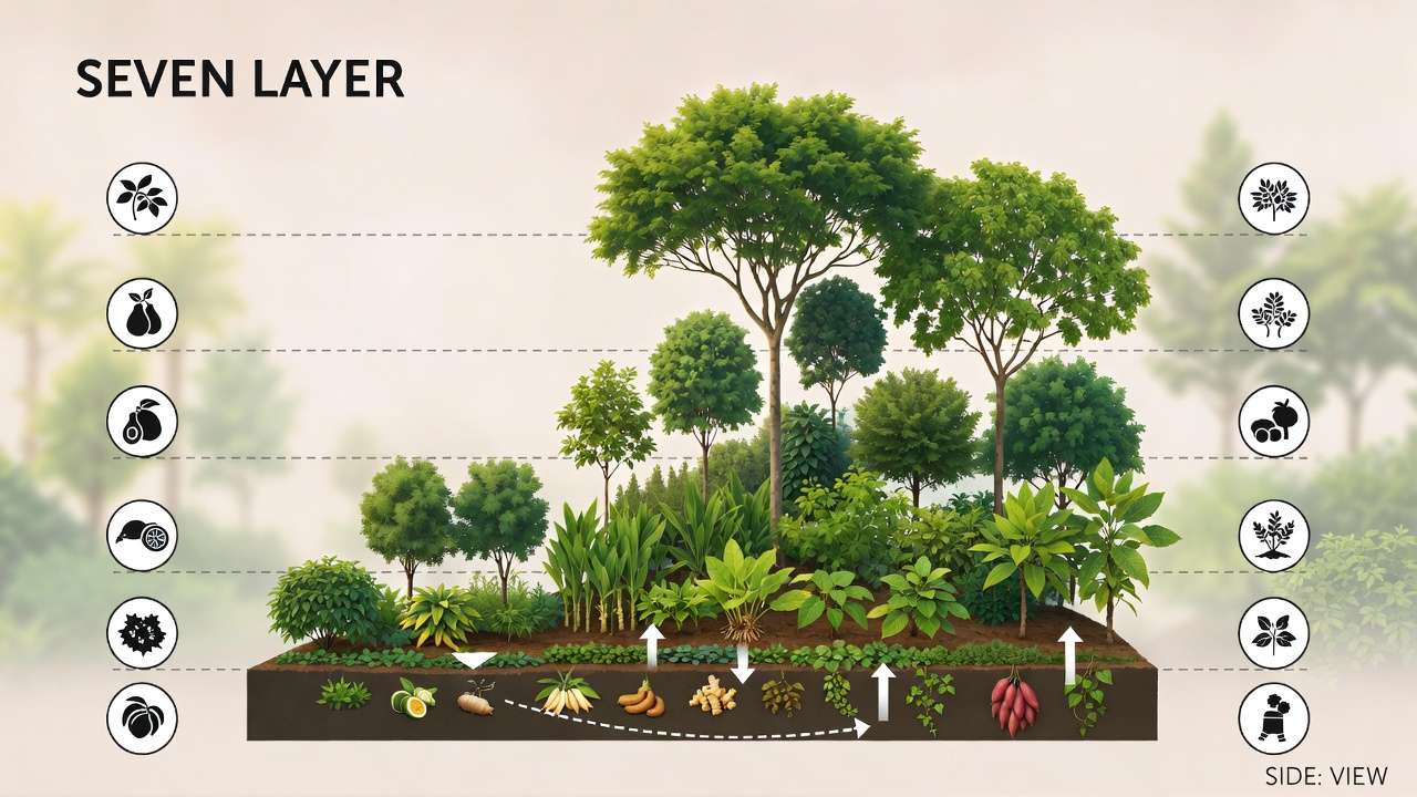Illustrated seven-layer structure of an urban forest garden showing canopy to ground cover levels