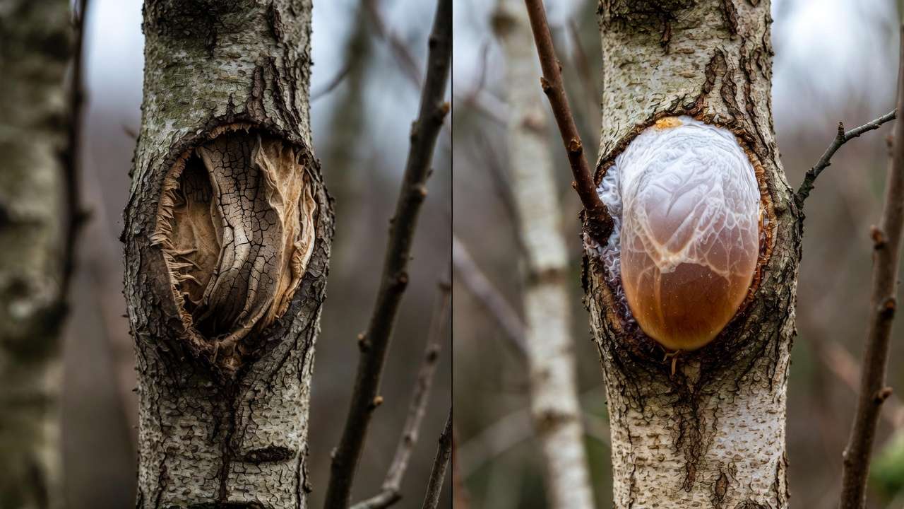 Comparison of failed vs successful graft union healing showing signs of drying and cracking versus strong callus