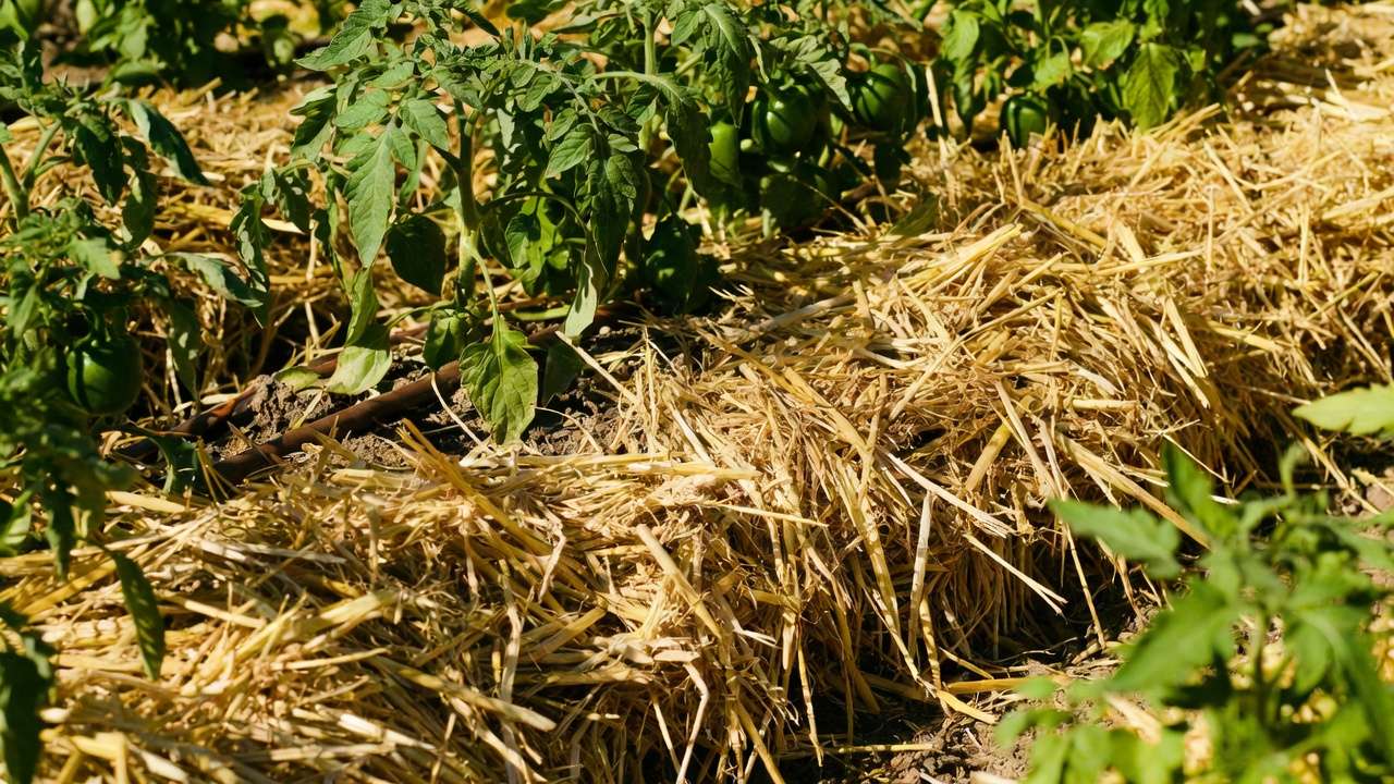 Thick straw mulch layer in vegetable garden bed reducing evaporation around thriving plants with drip irrigation