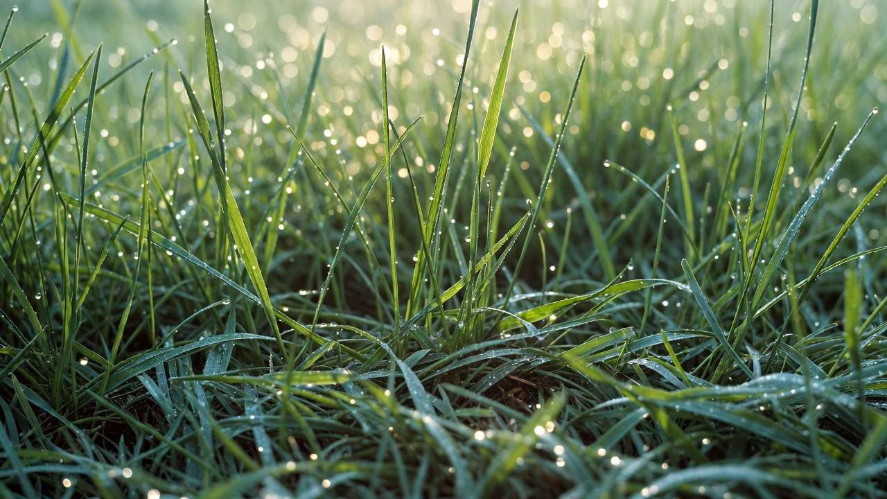 Tall mowed grass blades with dew on healthy tropical lawn demonstrating high mowing technique