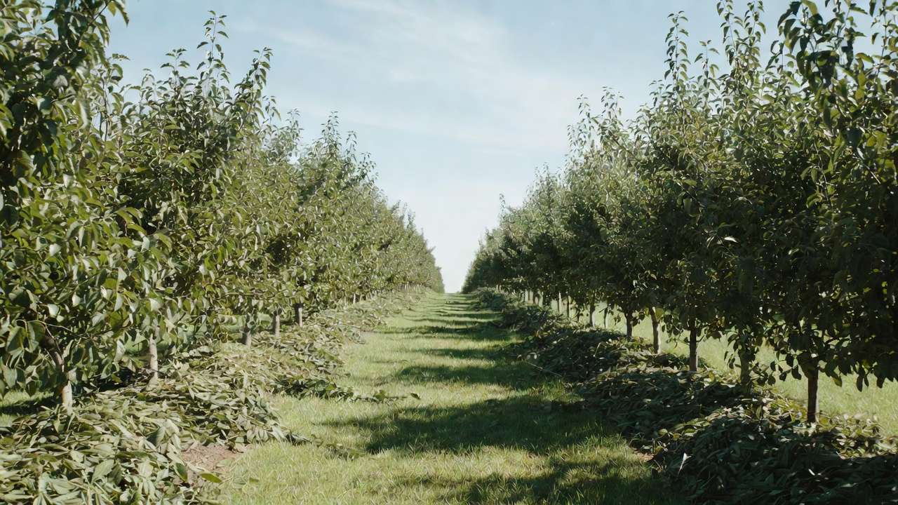 Properly mowed grass alleys in fruit orchard for erosion control and easy access