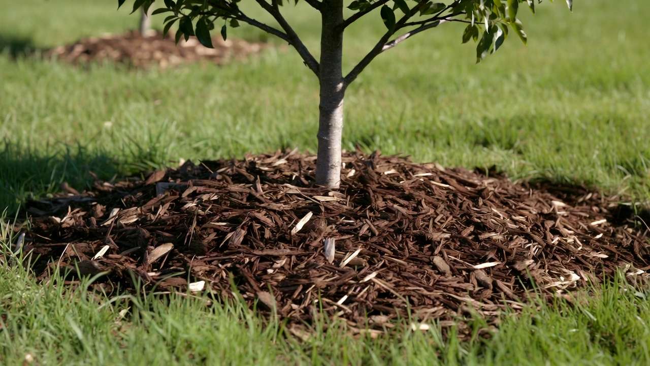 Thick wood chip mulch applied properly around fruit tree base for moisture retention and weed control