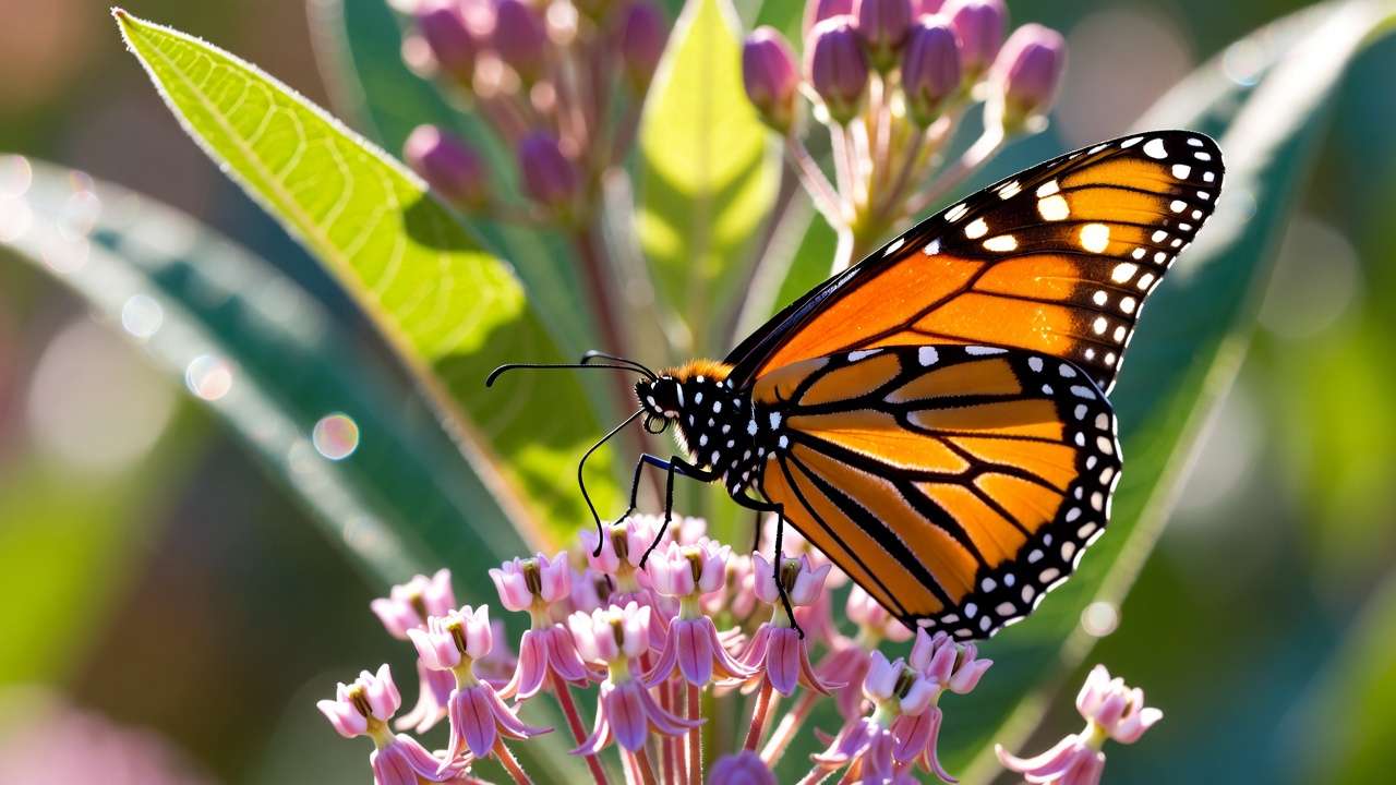 Monarch butterfly feeding on native swamp milkweed flowers in a pollinator-friendly garden