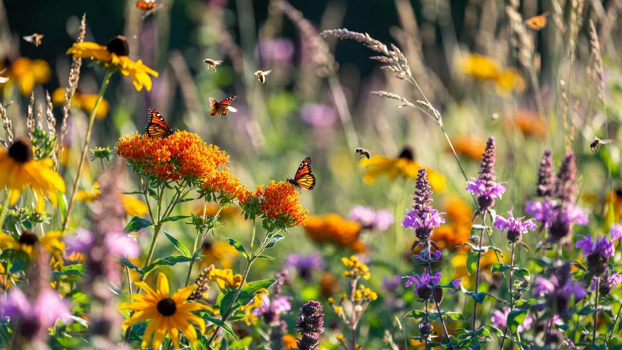 Pollinator meadow with native wildflowers butterfly weed coneflower and grasses supporting bees and butterflies in sustainable yard