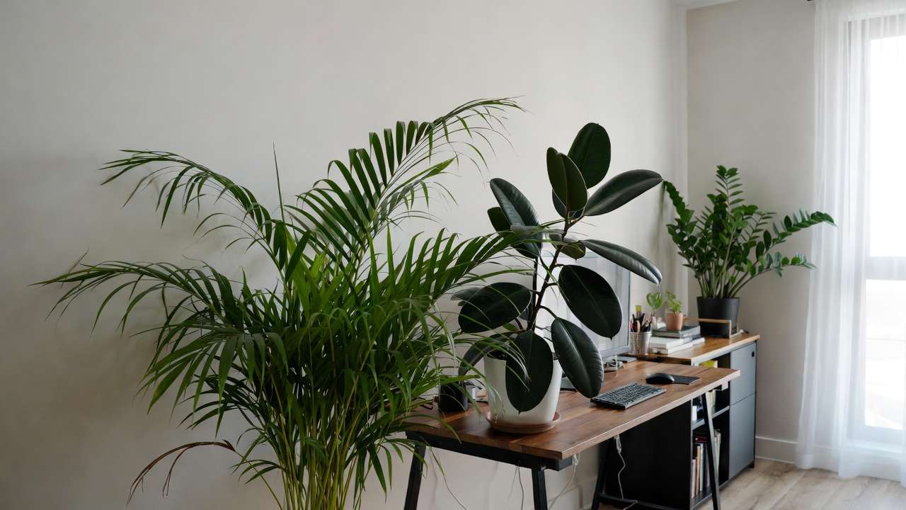 Office houseplant grouping with Areca palm, rubber plant, and ZZ plant for better air quality and focus