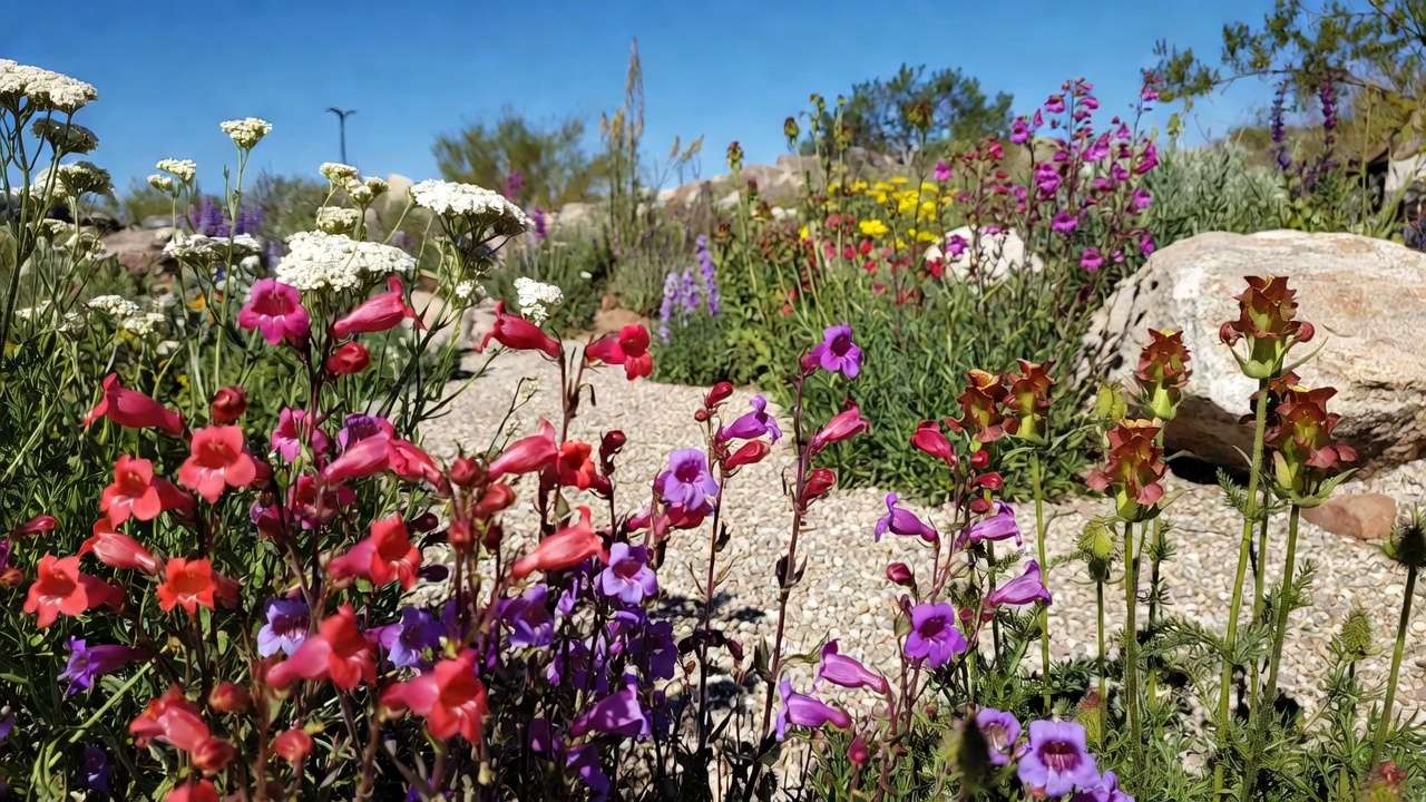 Mature low-maintenance arid wildflower garden with penstemon and yarrow thriving in dry landscape