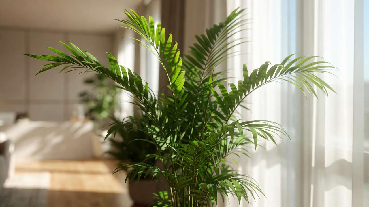 Lush bamboo palm thriving in bright indirect natural light near window for optimal indoor air purification