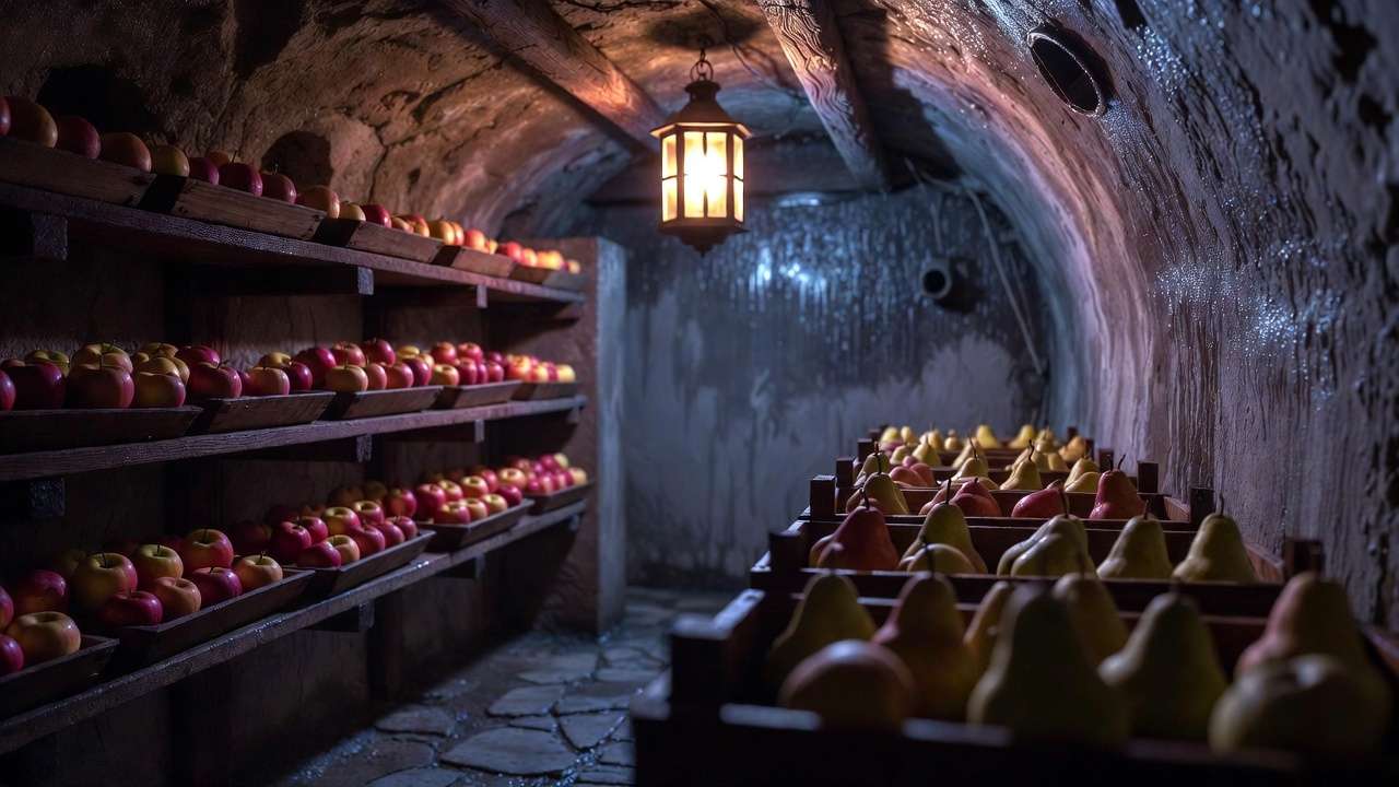Traditional root cellar interior with wooden shelves holding fresh apples and pears in high-humidity environment