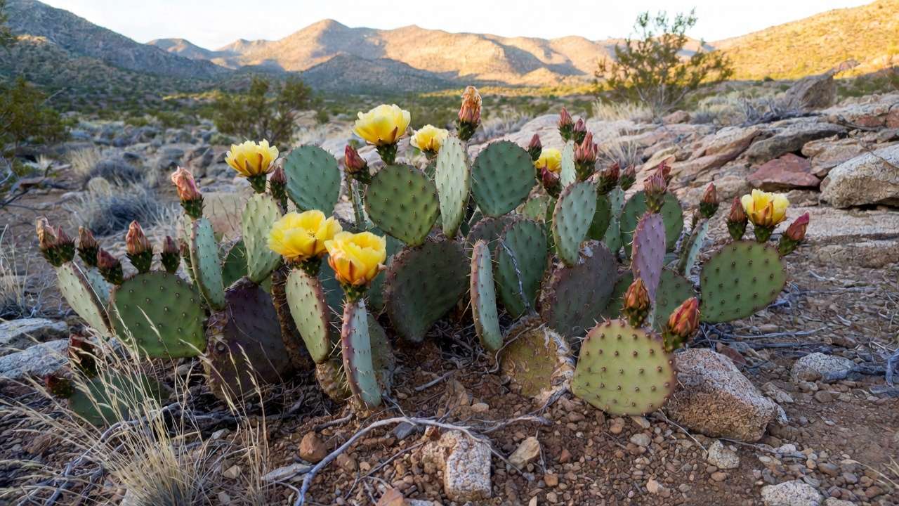 Prickly pear cactus with yellow flowers and red fruit in an arid Southwestern landscape