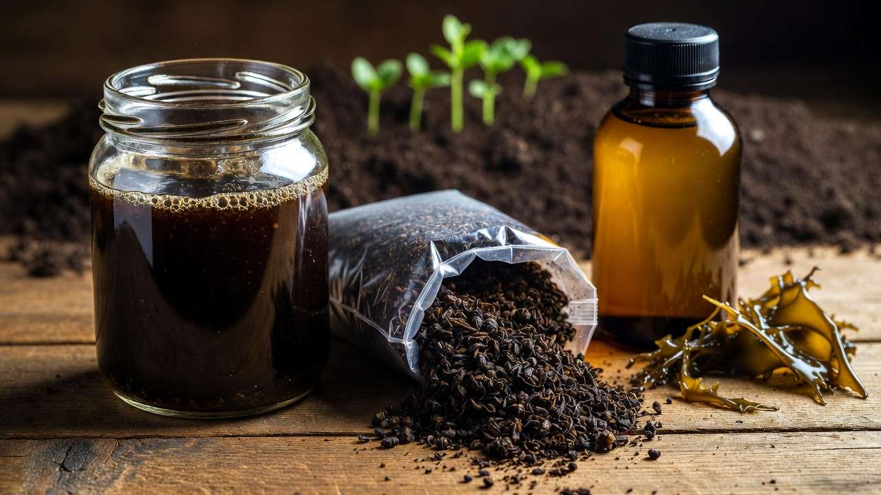 Organic fertilizers for potted plants — compost tea, worm castings, fish emulsion, and kelp on rustic wooden table