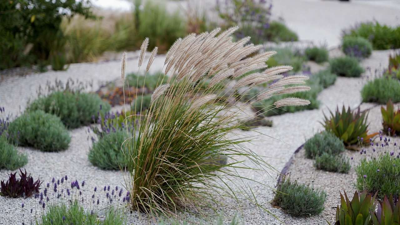 Feather reed grass adding movement as focal point in low-maintenance small yard landscaping