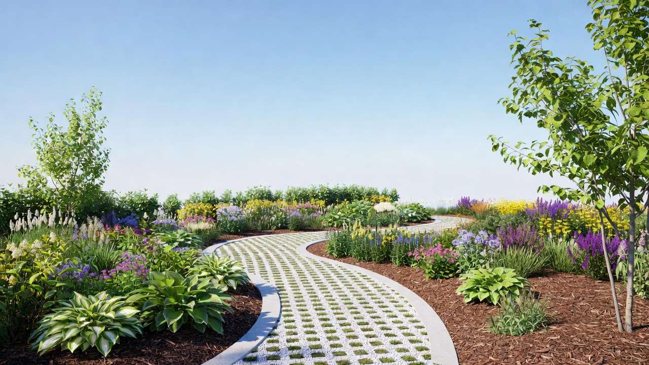 Permeable gravel and paver path in small yard to reduce stormwater runoff