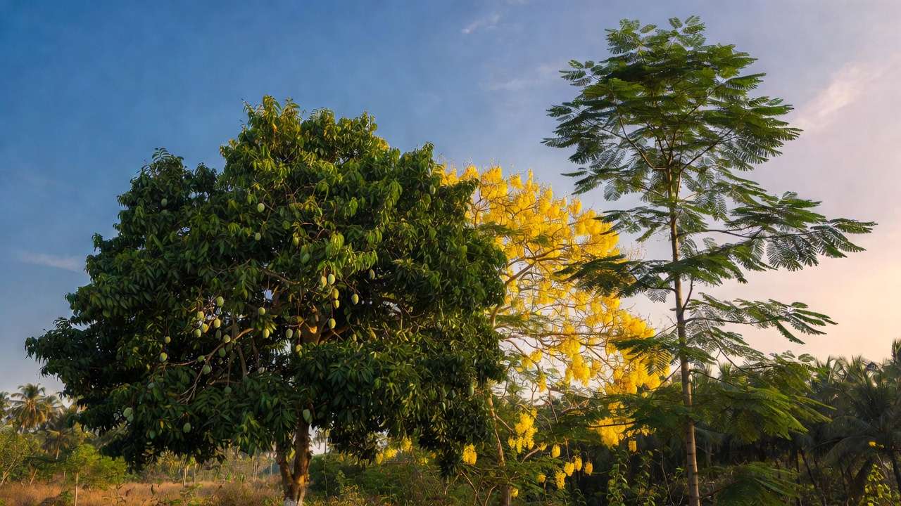 Mature mango, neem, and golden shower trees thriving in a low-water Khulna homestead landscape