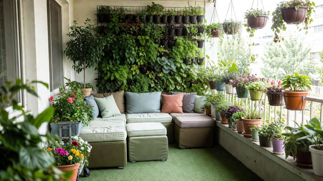 Modular seating and storage layout in small balcony garden with vertical plants and dwarf tree