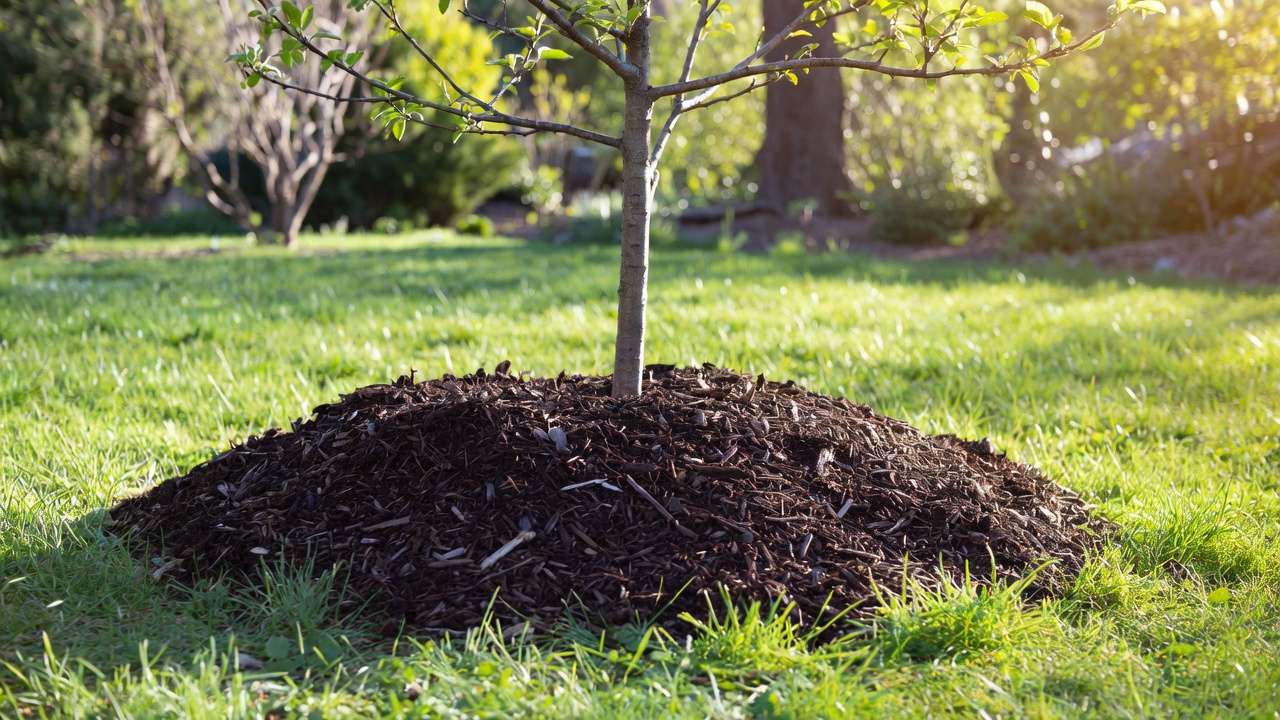 Organic mulch layer applied around fruit tree base for frost protection and soil insulation