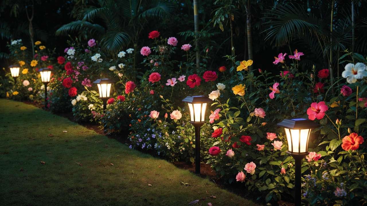 Solar pathway stake lights softly illuminating flower beds and shrubs in a nighttime tropical garden