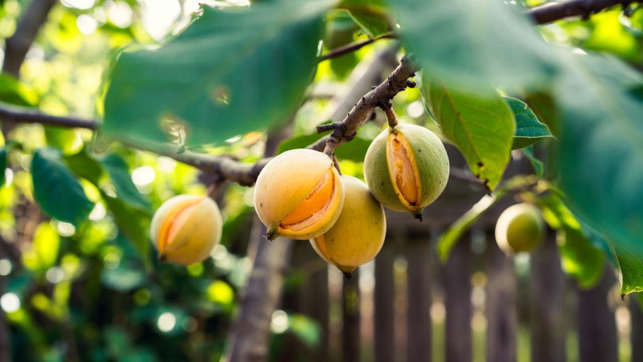 Ripe pawpaw fruit split open showing creamy custard-like interior on tree branch