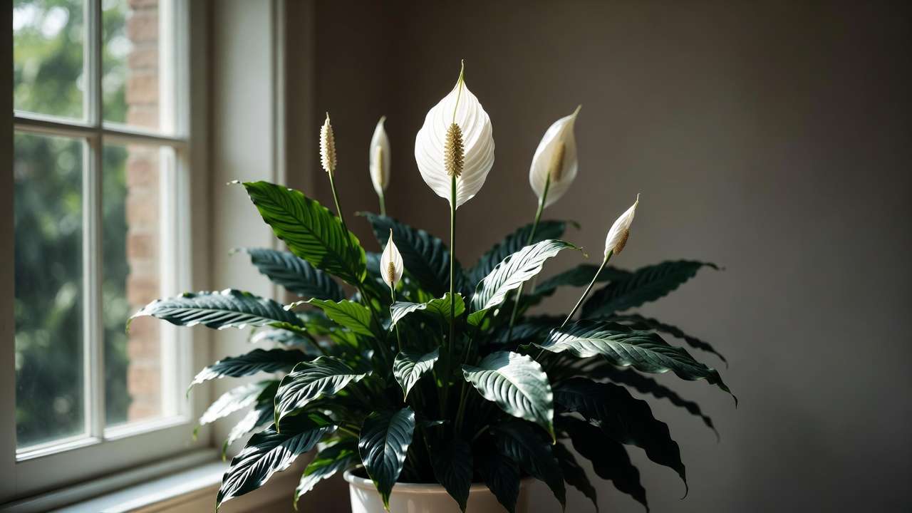 Blooming peace lily Spathiphyllum with white flowers for natural home air cleaning