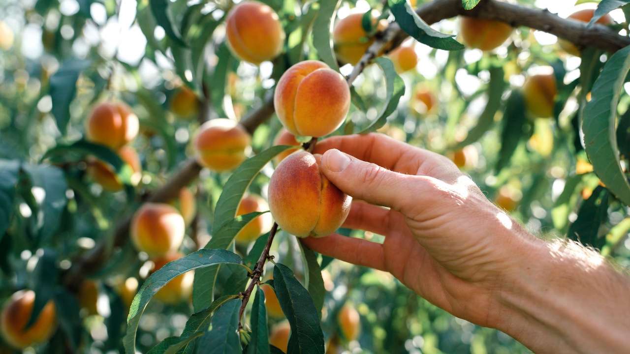 Close-up of hand checking ripe peach feel and texture on tree for home gardeners learning how to know when fruit is ripe