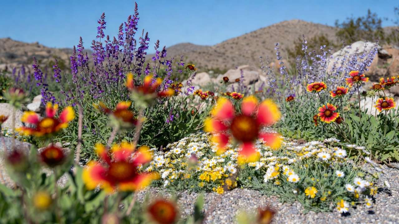 Blooming drought-tolerant perennials including blanket flower, penstemon, and Russian sage in cool desert garden.