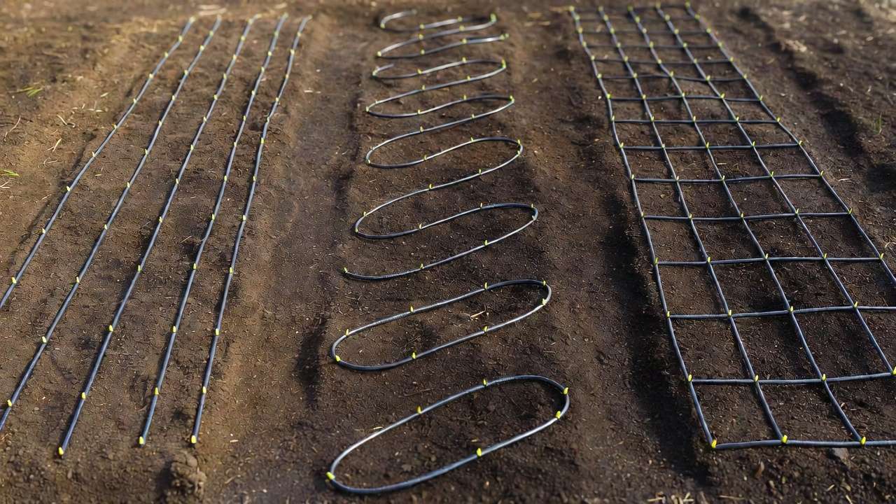 Three common drip line layout patterns for raised beds: parallel, snake, and grid configurations