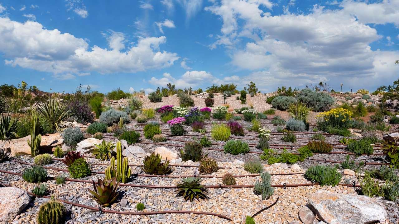 Hydrozoned xeric garden with grouped drought-tolerant plants and separate drip irrigation zones under mulch in arid design