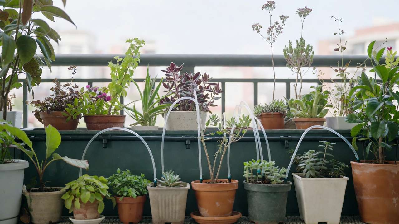 Balcony container garden with organized micro-irrigation tubing layout and drip lines branching to pots