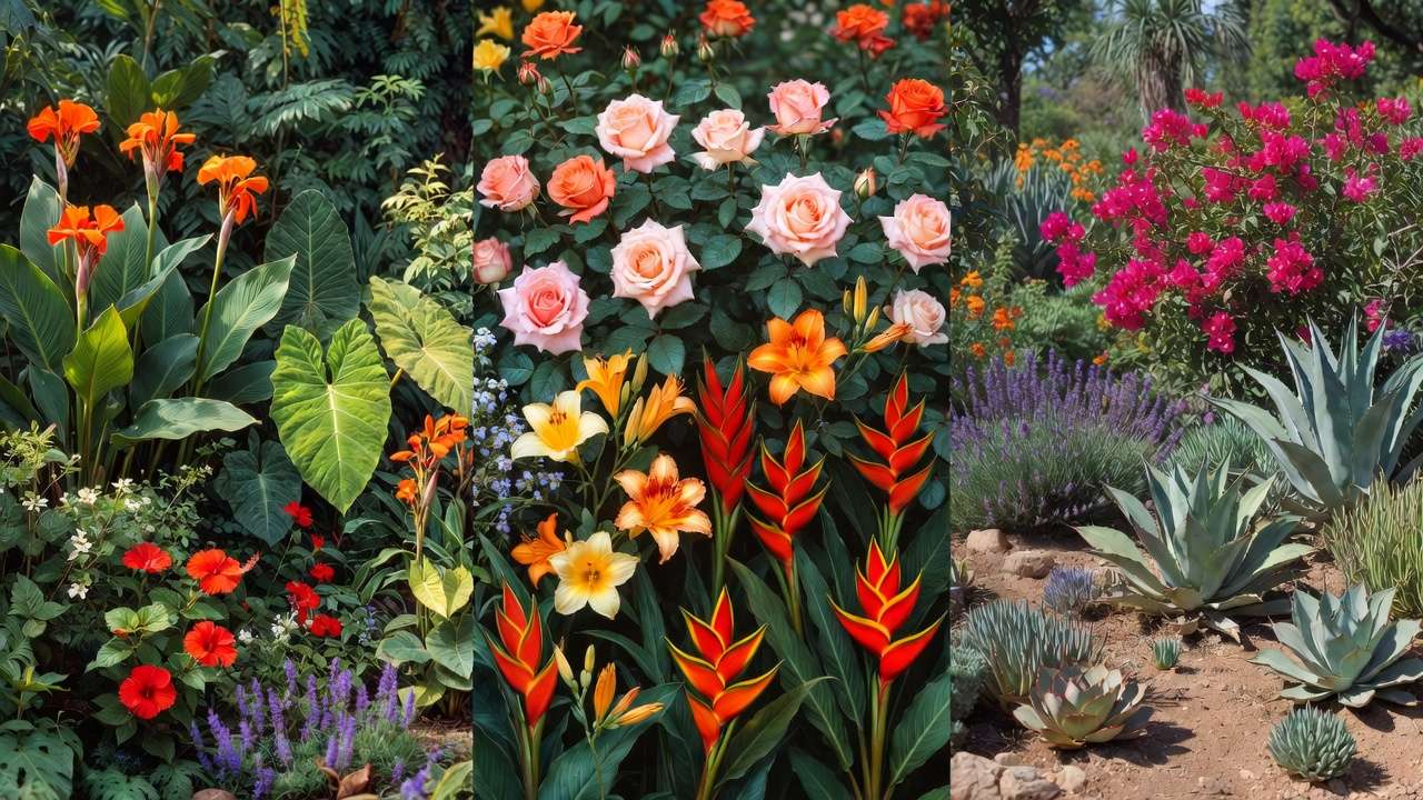 Side-by-side examples of high, medium, and low water need plants in a tropical garden setting