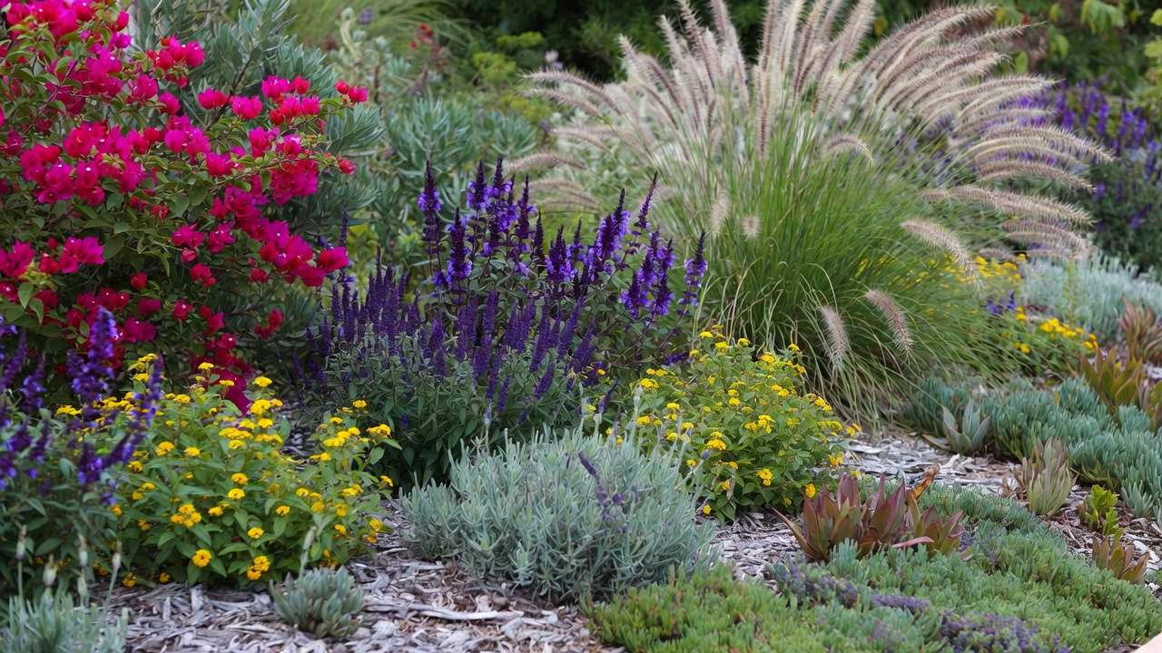 Selection of drought-tolerant plants like bougainvillea, salvia, lantana, and lavender for beautiful low-water xeriscape gardens