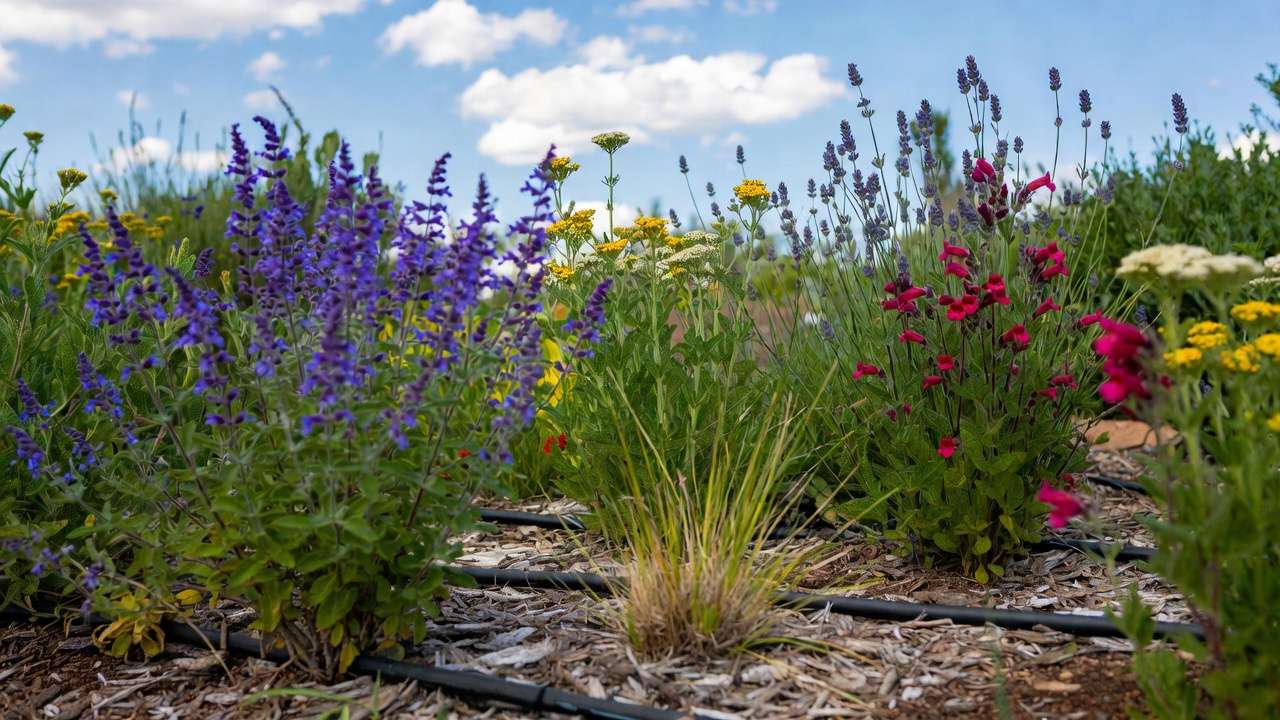 Blooming drought-tolerant plants like Russian sage lavender yarrow in thriving xeric garden with drip irrigation