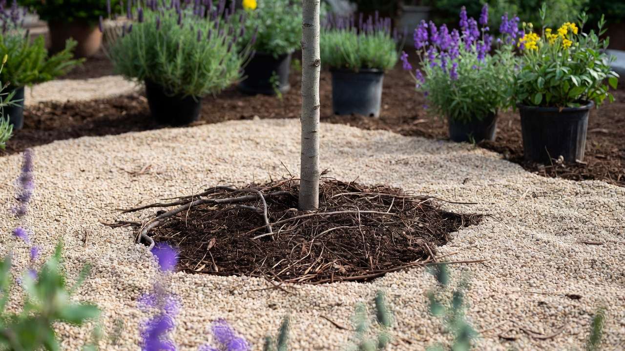 Gravel mulch around tree base with companion plants in minimal space garden.