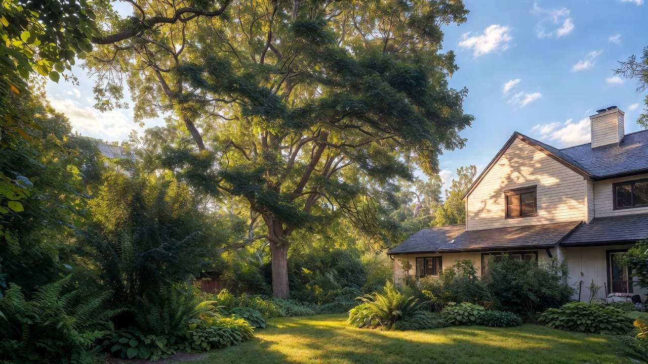 Strategic tree placement for home shading and maximum carbon sequestration in eco-friendly yard