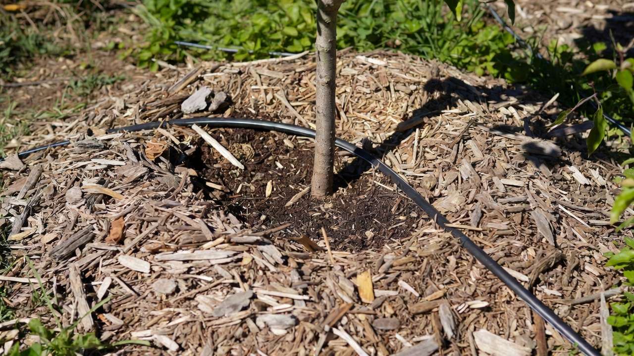 Mulched base of disease-resistant fruit tree showing organic low-maintenance care