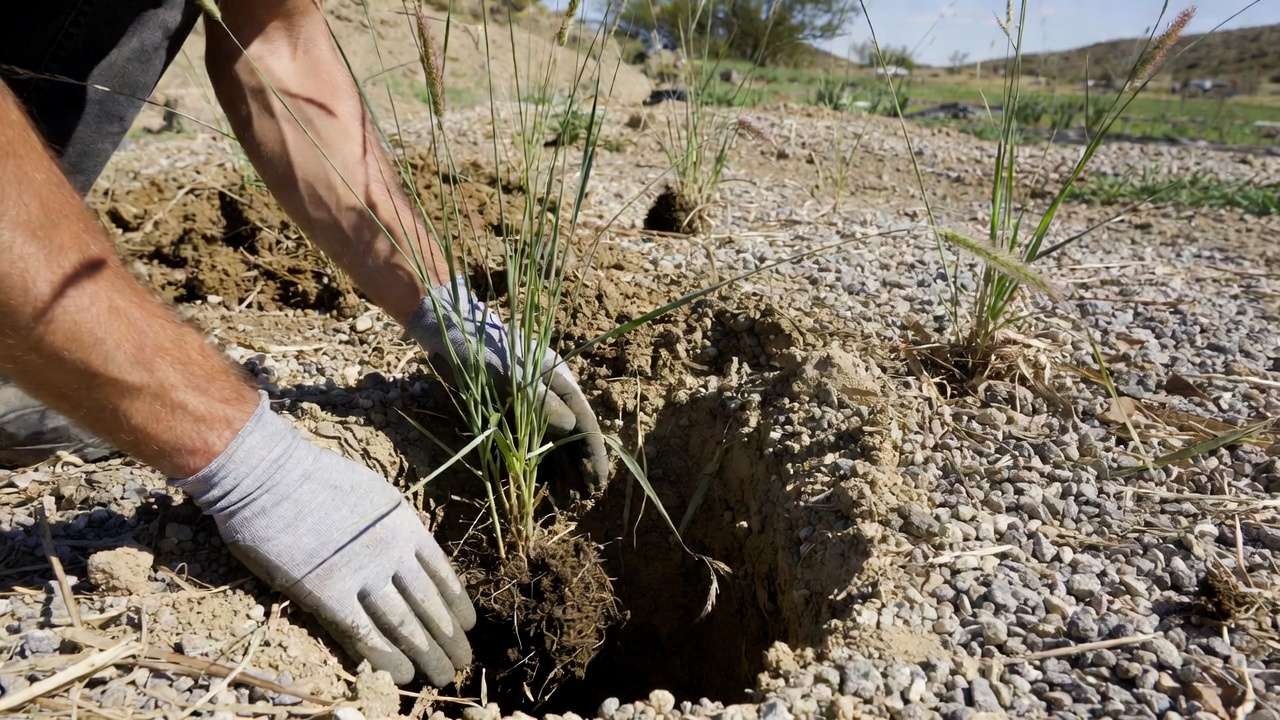 Step-by-step planting of drought-tolerant pink muhly grass in well-drained arid soil with gravel mulch