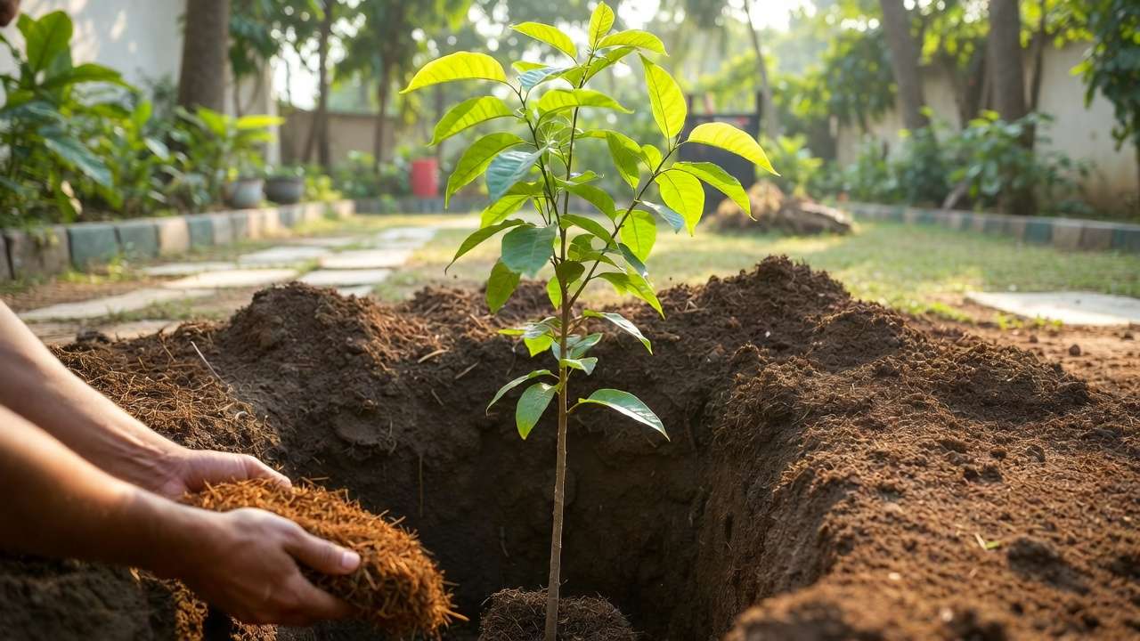 Step-by-step planting of a young drought-tolerant shade tree with mulching in tropical soil